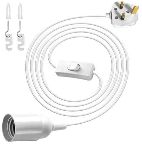 AmiCera E14 Salt Lamp Replacement Plug in Light Fitting, Lamp Cable with Lamp Holder Inline Switch and Plug, 250V 4A Extension Hanging Lamp Standard Pendant Light Cord for Loft Garage, White 1.8M