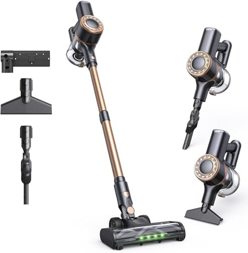 Lubluelu Akku Staubsauger Kabellos, 45 kPa, 450 W, Leichter & Leiser Akku-Standstaubsauger mit LED-Anzeige, Ideal für Tierhaare, Teppiche, Hartböden & Auto, Schwarzgold
