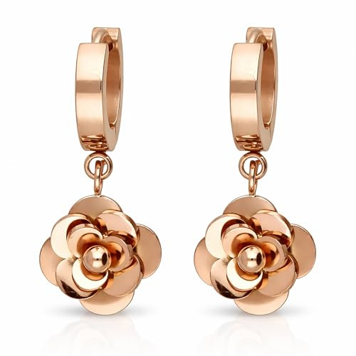 LÖB 750 Roségold vergoldet Edelstahl Creolen Blumen Anhänger Ohrringe Gold Damen Ohrhänger Blüten Hängend Hängeohrringe Modern Schmuck Rund Rotgold