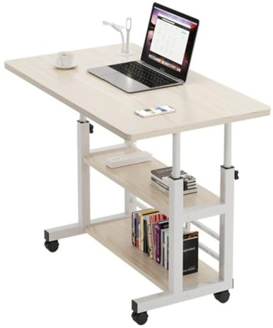 Height Adjustable Computer Desk On Wheels | 60cm Computer Desk With Keyboard Tray | Small Computer Study Table For Home | Portable White Sofa Laptop Standing Desk | Over Bed Table With Storage Shelf