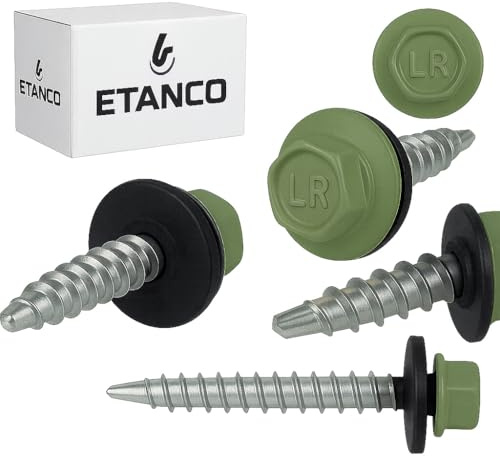 ETANCO GT02 Trapezblechschrauben 4,8 x 35 mm, RAL 6011 Resedagrün, 250 Stück, selbstbohrend mit EPDM-Dichtung, verzinkter Stahl, Sechskant, für Metallblech auf Holz
