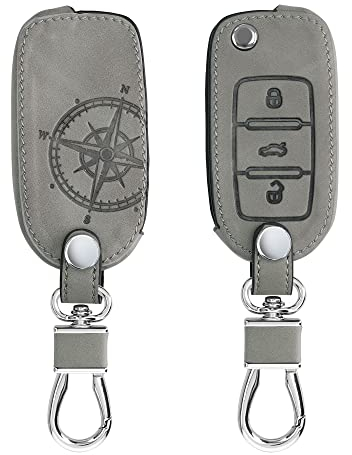kwmobile Autoschlüssel Hülle kompatibel mit VW Skoda Seat 3-Tasten Autoschlüssel - Kunstleder Schutzhülle Schlüsselhülle Cover Kompass Vintage Grau