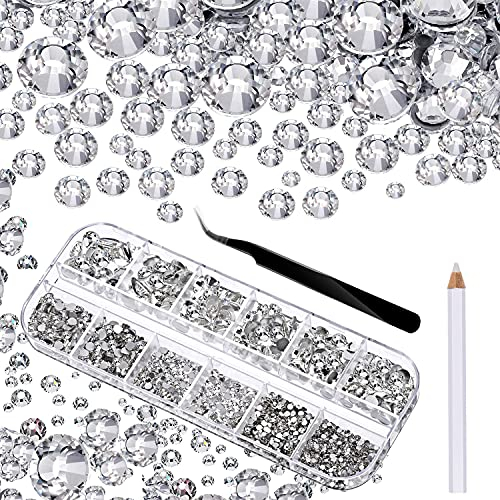 4000 Stücke Flache Rückseite Gems Runder Kristall Strasssteine mit Pick up Pinzette und Strass Picking Stift für Handwerk Nagel Gesicht Kunst Kleidung Schuhe Taschen DIY 6 Größen (1,5-6 mm) (Klar)