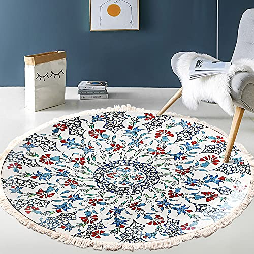Tapis rond en coton tissé à la main - Motif mandala - Style bohème vintage - Avec pompons - Lavable en machine - Pour chambre à coucher, couloir, salon, table basse - 90 cm - Fleurs #14