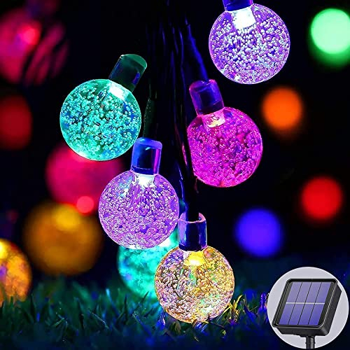 Cadena de luces solares para exteriores, 50 ledes, 23 m, 8 modos, bolas de cristal solar, impermeables, iluminación exterior/interior, bodas, fiestas (multicolor) [Clase energética A+++]