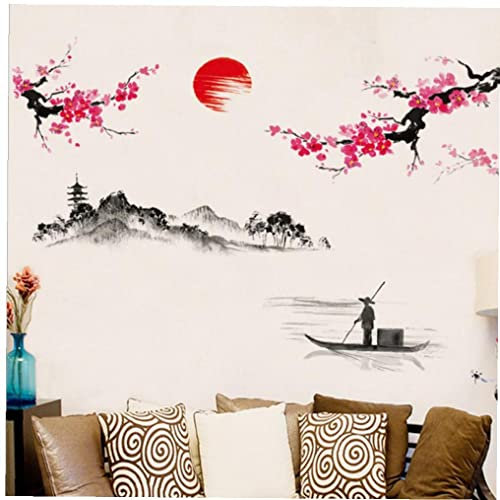 Froiny Sticker Mural Décoration Fleur Cerisier Rose Japonais Style Chinois pour Décoration Salon