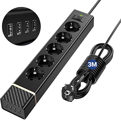 Multiprise Electrique 3M 5 Prises et 4 Ports USB, Multiprise Parafoudre et Surtension et Interrupteur 1700J, Rallonge Electrique 3M, Bloc Multiprise USB pour Salon/Bureau/Cuisine, 2400W/10A