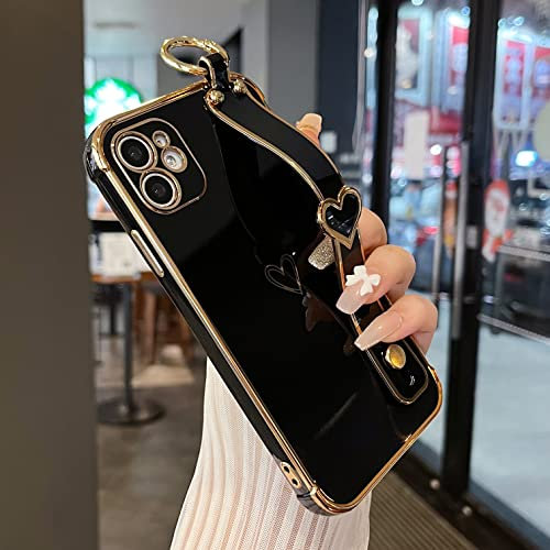 ZTOFERA Compatible with iPhone 11 Case with Wrist Strap, Flexible Silicone Protective Phone Case with Cute Heart Pattern Hand Strap Stand Finger Holder Gold Trim Shockproof Bumper Cover, Black