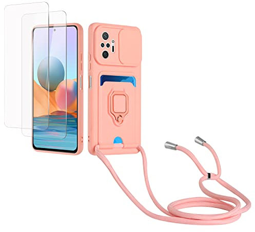 Kaslly Case für Redmi Note 10 Pro/Note 10 Pro Max Handykette Hülle+[2 Schutzfolie Glas],Slide kameraschutz,Silikon Handyhülle zum Umhängen Kette,Kartenfach-Rosa