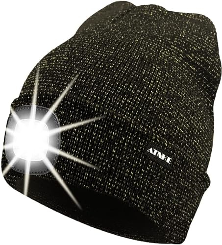 ATNKE LED Beleuchtete Mütze,Wiederaufladbare USB Laufmütze mit Licht Extrem Heller 4 LED Lampe Winter Warme Stirnlampe für Herren und Damen Geschenke/Blended Black Goldwire