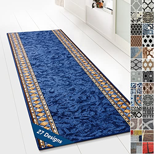 Floordirekt Teppichläufer mit Muster - maßgefertigter Feinschlingen Teppich Läufer für Küche, Flur & Wohnraum - Ornament Vintage Orient Gitter (80 x 450 cm, Rügen Blau)