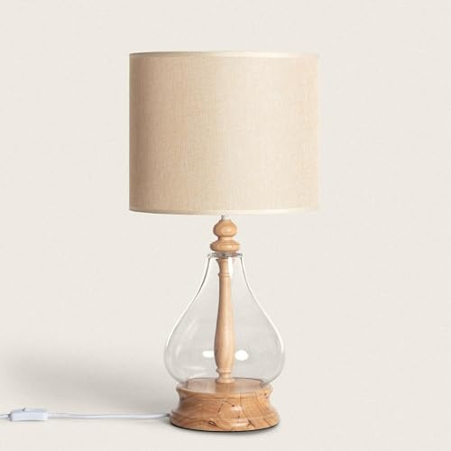 LEDKIA LIGHTING - Lámpara de Mesa Madera y Cristal Kofin | E27 Compatible | Diseño Vintage y Boho Chic | Ideal para Salón, Dormitorio, Restaurante, Natural, Cristal, Textil, Madera
