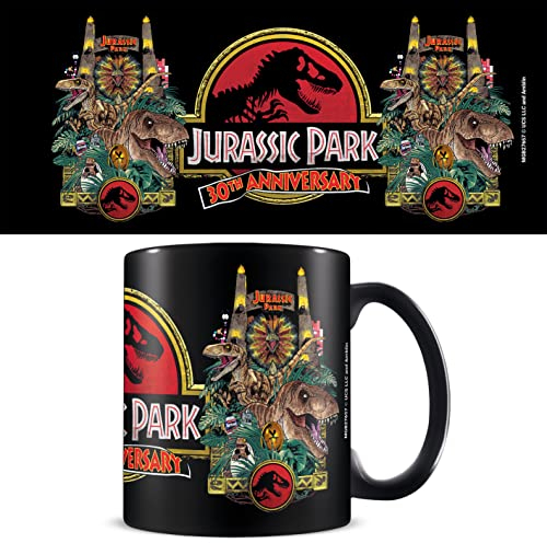Jurassic Park - Taza en caja de regalo (diseño de logotipo del 30 aniversario), juego de regalo de taza negra de 325 ml, taza de café de cerámica Jurassic Park - Producto oficial de Jurassic Park