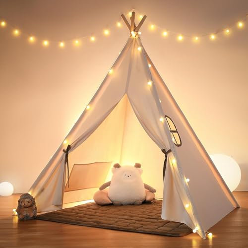 besrey Toddler Teepee Tent for Kids, Kids Play Tent with Padded Mat & Lights, Cotton Playhouse for Boys & Girls, Cozy Tipi Tent, Children's Play Tents in beige