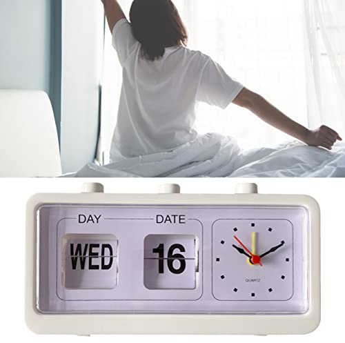 TITA-DONG Digitaler Kalenderwecker, Vintage-Handsprungkalenderwecker, Stabiler, Modischer Kunststoff-Tischkalender-Desktop-Wecker für Arbeitszimmer, Schlafzimmer, Wohnzimmer, Büro(Weiss)