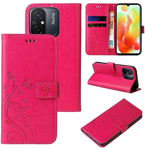 LBH Handy Hülle für Xiaomi Redmi 12C Case Handytasche Schmetterling Blumen Flower Standfunktion Schutzhülle Magnet Rundum Schutz 360 Grad Flipcase Cover Pink