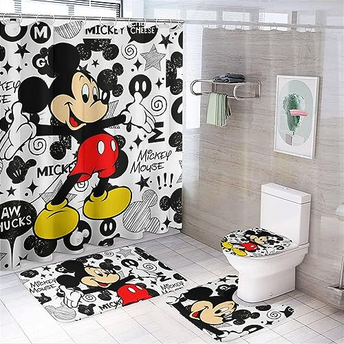 Duschvorhang-Set mit niedlichem Cartoon-Motiv, mit rutschfesten Teppichen, WC-Deckelbezug und Badematte, Kawaii-Badezimmer-Set, Dekoration, 72 x 182,9 cm, 4-teilig