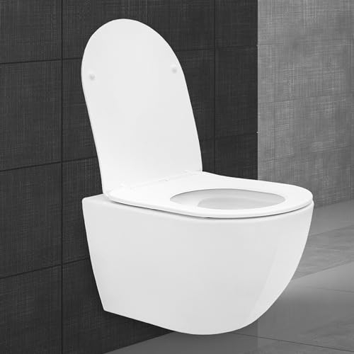 ECD Germany WC Suspendu sans Rebord en Céramique Blanc Mat, Revêtement Nano, Toilette Murale Suspendue Long 52 cm, avec Siège Amovible en Plastique Softclose, Chasse d'Eau Profonde Effet Lotus