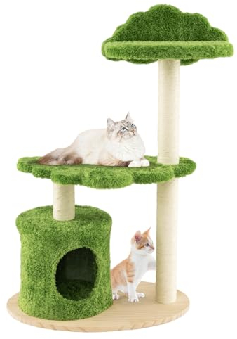 COSTWAY Kratzbaum Klein, 97cm, Katzenbaum mit Höhle & Liegeflächen, Kletterbaum mit Sisalseil & Holzbasis, Katzen Kratzbaum Katzenmöbel, Katzenkratzbaum Holz, Aktivitätsbaum Spielbaum, Grün
