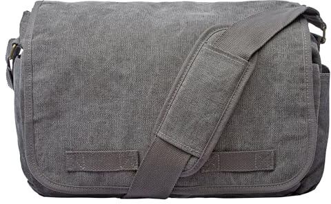 Sweetbriar Classic Vintage Messenger Bag - Original Heavyweight Cotton Canvas Shoulder Bag with Upgraded Features, Washed Grey, L