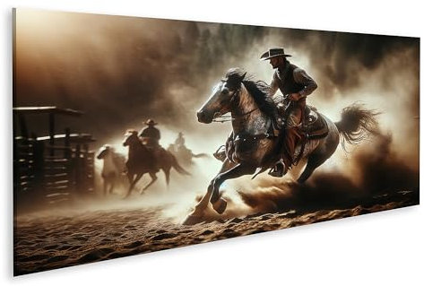 islandburner Prime Bild auf Leinwand Cowboy reitet, Staubwolke in Wildwest-Landschaft Bilder Wandbilder Poster