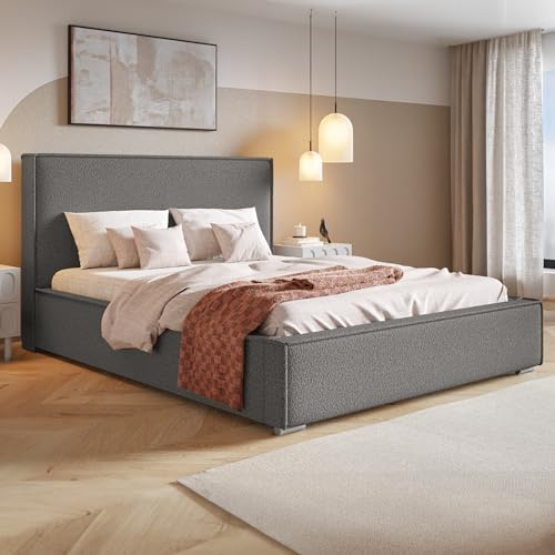 MOTIVENA Arizona Polsterbett 180x200 mit Bettkasten, Bett 180x200 mit Stauraum, Bett Kopfteil Boucle, ohne Matratze, Bett Boucle, Polsterbett 180x200 Grau Anthrazit