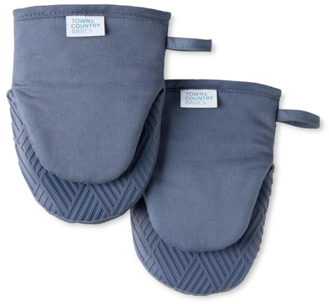 TOWN & COUNTRY BASICS Basketweave Soft Silicone Mini Oven Mitt 2-Pack Set, Heat Resistant up to 500F, Flexible Silicone, Non-Slip Grip, Blue, 5.5x8