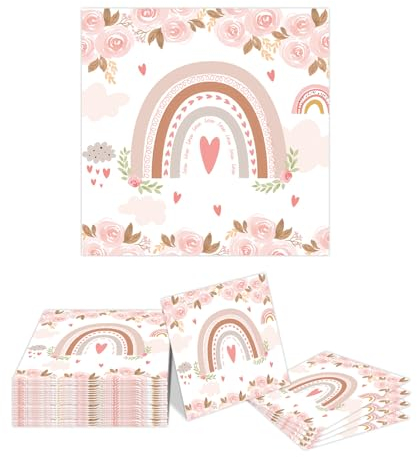 Kotkiddy 20 Stück Boho Regenbogen Servietten, Taufe Blumen Papierservietten für Babyparty Hochzeit 33 x 33 cm