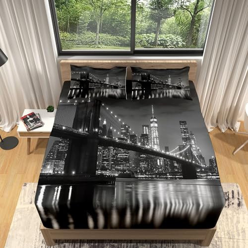 Kinder Spannbetttuch 180x200x30cm Brooklyn Bridge New York City Spannbettlaken, Weich Atmungsaktiv Mikrofaser Boxspringbett Bettlaken, Schwarz Matratzenschoner Tiefe Tasche 30cm