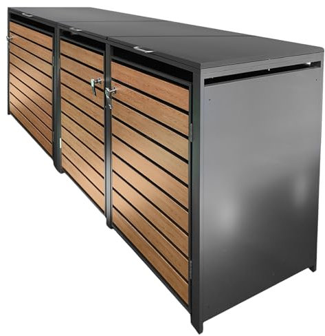 HORI® Mülltonnenbox Sets| Mülltonnenverkleidung aus Holz & Metall | Variante Mülltonnenbox 3er | Farbe Holzdesign
