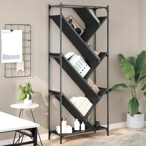 KATERYY Libreria Nera 79x30x180 cm in Legno Multistrato e Metallo,Libreria Albero della Vita Multistrato Nero Scaffale Portaoggetti Ampio Spazio Regolabile