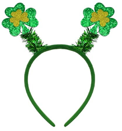 Oblique Unique Haarreifen mit Glitzer Kleeblätter in Grün Gold mit Lametta Haarreif für Fasching Karneval Motto Party