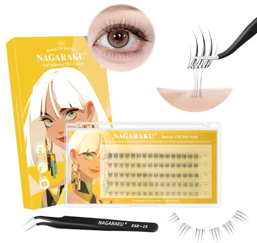 NAGARAKU Ciglia Inferiori Autoadesive con Pinzette 80 Cluster DIY Ciglia Senza Colla Rimozione Pre-Incollate Riutilizzabili Premere Bottom Lash per Principianti Idolo Delle Ragazze (0,07mm B 5-8mm)