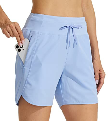WILLIT Damen Shorts Sporthose Kurz Laufhose Sommer Laufshorts Wanderhose Schnelltrockene High Waisted Fitness Sport Running Reißverschlusstasche 5 Hellblau M