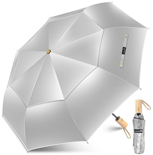 ZOMAKE Sonnenschirm Tragbar UV Schutz,Regenschirm Kompakt Automatik Mit Doppelter Abdeckung,Taschenschirm Sturmfest Mit Holzgriff für Herren Damen(Silber Schwarz-Doppelt)