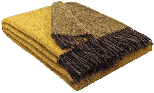 STTS International Wolldecke 100% Schurwolle Wohndecke in versch. Farben 140 x 200 cm Tagesdecke Schurwolldecke Woll-Plaid Tirol (Braun-Gelb (Double face), 140 x 200 cm)