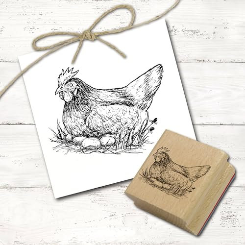 Dekolando Motivstempel Glucke sitzt auf Eiern - Henne Stempel Landhaus Hühner Holzstempel - Abdruck 48 x 38 mm