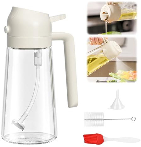CLKE 15.8oz / 470ml 2-in-1 Olive Oil Spray Bottle & Dispenser, Glass Cooking Oil Sprayer for Air Fryer, Salad, BBQ, Baking, Vinegar, Soy Sauce, Kitchen (White)