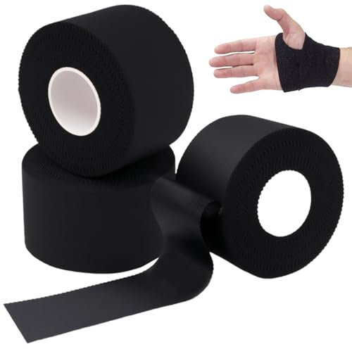 3 Rollen Sporttape Schwarz, 3,8cmx9.1m Tapeverband, Fussball Tape, Reißbar, Tapeverband Fingertape, Tape Sport Schwarz, Hypoallergenes Tapes, Klebebänder für Fußball, Volleyball, Klettern, Sportarten