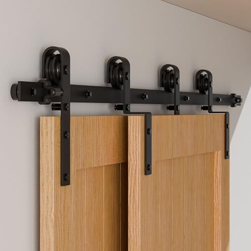 Herraje para puerta corredera de 153 cm/5 pies, sistema de puertas correderas, juego completo, color negro, para 2 puertas de madera de 70 cm de ancho, forma en J