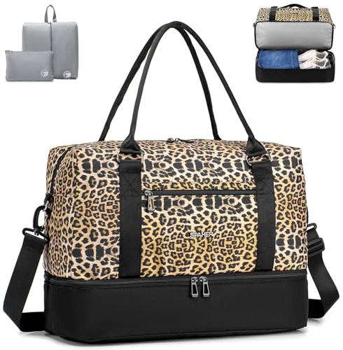SPAHER EasyJet Cabin Bag 45x36x20 Travel Duffle Bag with Shoe Compartment & Wet Pocket, Women's Adult Weekend Gym Overnight Carry On Underseat Hand Luggage, Leopard With Toiletry Bag