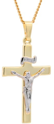 Anhänger Kreuz Korpus 585 Gold mit vergoldeter Silberkette, Kettenlänge:36 cm Kindergröße