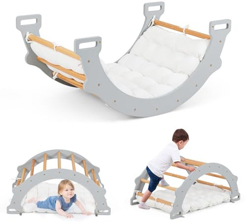 COSTWAY Kletterbogen mit weichem Kissen, Kletterdreieck zum Wippen, Klettern und Krabbeln, Indoor Klettergerüst aus Holz, für Kinder ab 3 Jahre (Grau)