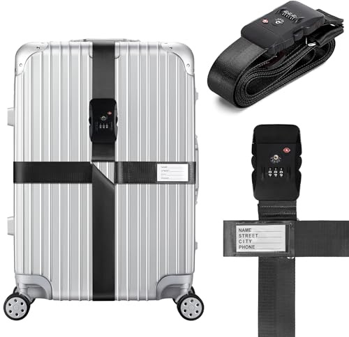 Linpr Sangle de Bagages Croisées, Sangles de Valise Serrure TSA, Noir | Sangle de Luggages Réglables avec Étiquette Nominative, Accessoires de Voyage Visibles et Sécurisés, Facile à Identifier