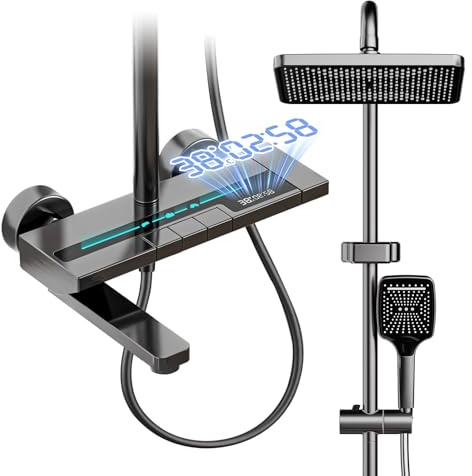 Duschkopf Regendusche mit Armatur, Duscharmatur Komplettset mit LED-Anzeige, Quadratische Regendusche 31x20cm, 3 Strahlarten Handbrause, Dusche Komplett mit Edelstahl Duschstange 135cm