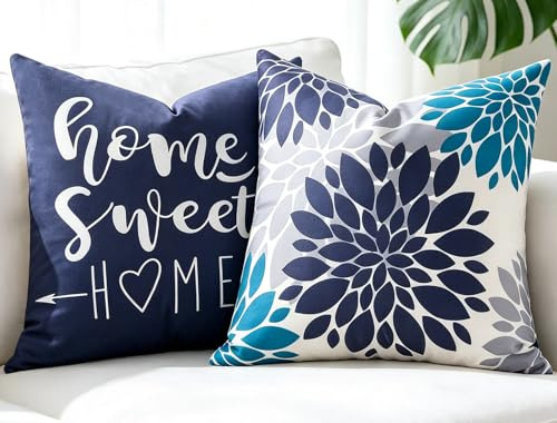 Sofakissen Bezüge 40x40 mit Blau und Petrol Geometrische Blume und Schrift, 2er set Waschbar Kissenbezüge aus Weichem Kurzflor-Stoff, Kissenbezug Dahlien für Wohnzimmer Schlafzimmer Sofa Bett Deko
