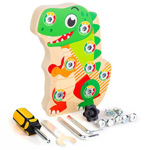 Montessori Busy Board für Kinder ab 3 Jahren, Dinosaurier-Schraubbrett | Spielerische Feinmotorik mit einem Motorikbrett aus Holz, 8 Schrauben und 4 Werkzeugen zum Schrauben und Drehen.