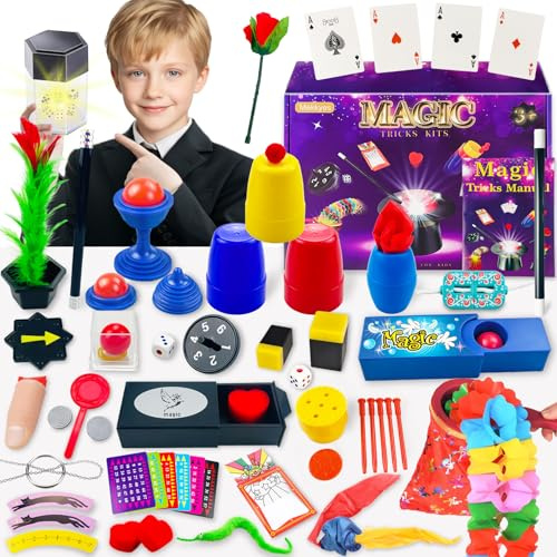 Mekkyes Kit de Magie - 80+ Coffret Magie Enfant avec Baguette Magique et Instructions, Incroyable Tour de Magie Jeux Enfant 3-12 Ans, Jouet Cadeaux pour Garçons Filles Tout-Petits Débutants