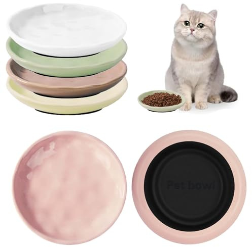 Set med 5 keramiska kattskålar, kattmatare med halkfri silikonbas, keramisk platt tallrik, platta skålar för katter, kattungar och små djur, 5 färger