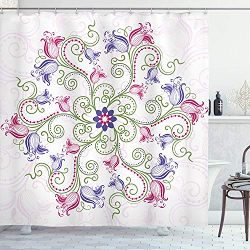 ABAKUHAUS Floral Duschvorhang, Klassische Tulip, Stoffliches Gewebe Badezimmerdekorationsset mit Haken, 175 x 200 cm, Magenta Grün Weiß